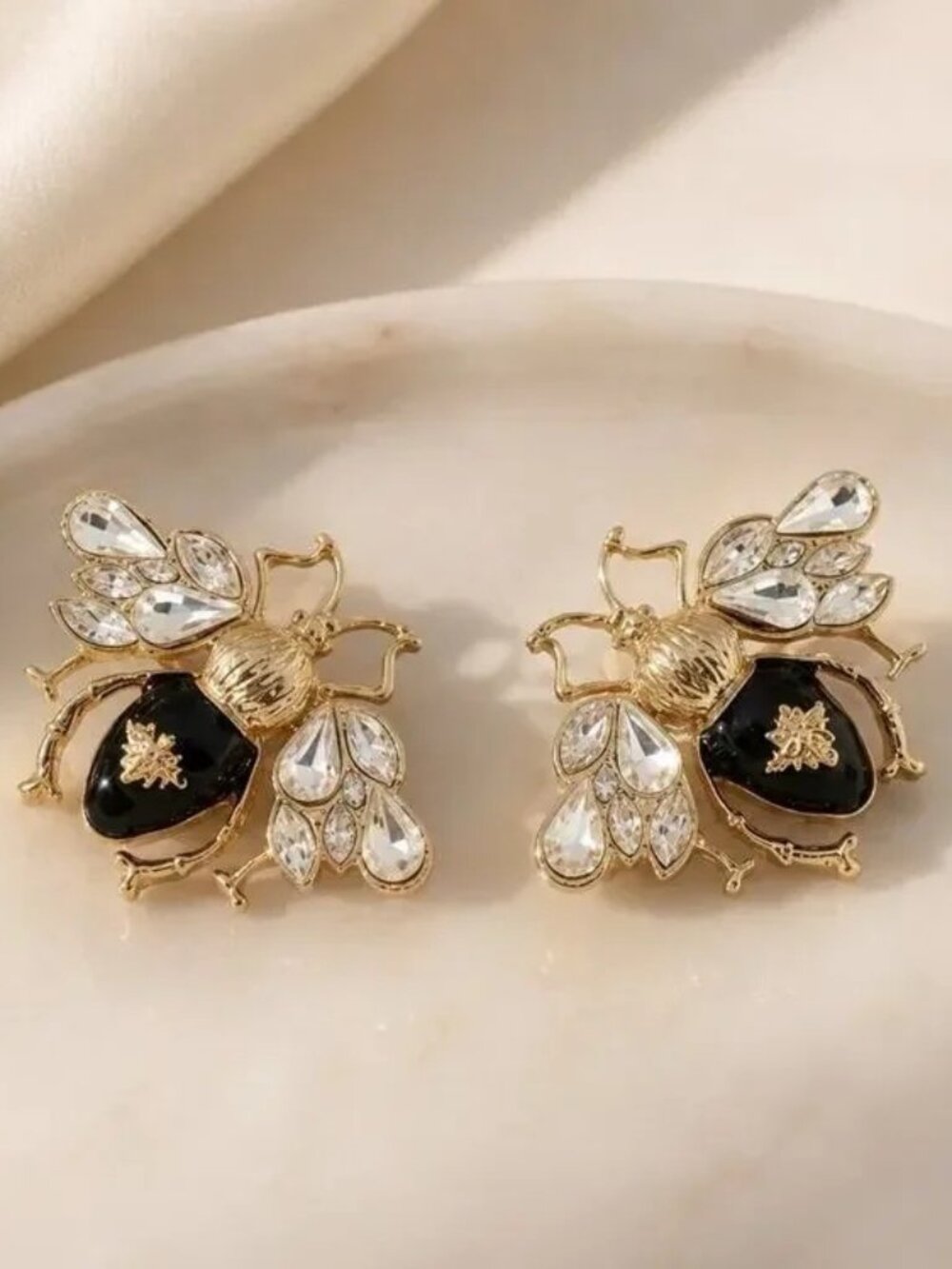 Queen Bee Art Deco Gold Earrings Himeybee Insect Cottagecore Crystal Boho Museum
